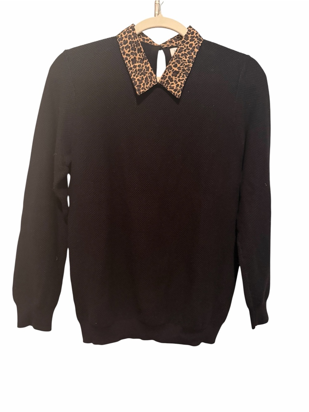J. Crew Black Crewneck Long Sleeve Sweater w/ Leopard Print Collar Medium NWOT